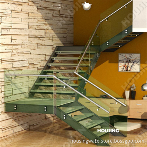 Indoor Straight Staircase with Tempered Glass Railing